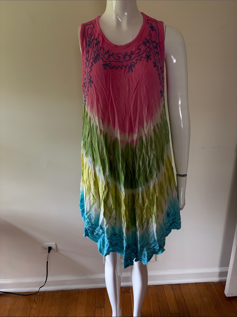 Sleeveless Tie-Dye Mini Dress with Embroidered Yoke - Pink Multi Ombre